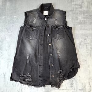 Mens Highway Jeans Black Jean Vest Thrashed all over 80's 90's Rock n roll LArge